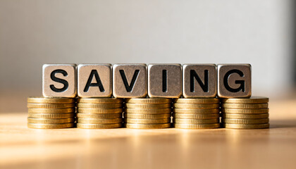 Metallic cubes with engraved letters spelling SAVING over shiny gold coins