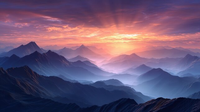 Majestic mountain range at sunrise with god rays and misty valleys, breathtaking landscape for travel agencies, outdoor apparel branding, luxury wall art

