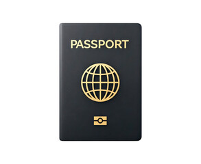 Dark blue passport with gold globe icon on cover on transparent background, PNG