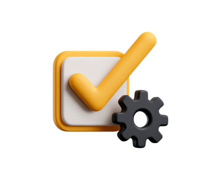 3d yellow check mark overlapping gear icon on transparent background, PNG