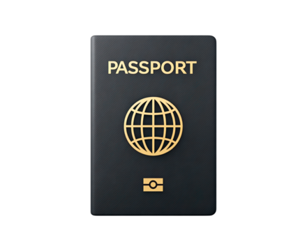 Dark blue passport with gold globe icon on cover on transparent background, PNG