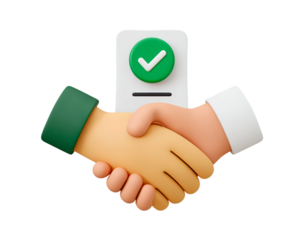 3d handshake with green check mark symbolizing agreement and cooperation on transparent background, PNG
