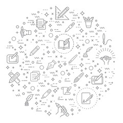 Simple Set of Pen and Pencil Related Vector Line Illustration. Contains such Icons as quill pen, marker pen, stationery, writing, literature, pen nib symbols And Other Elements.