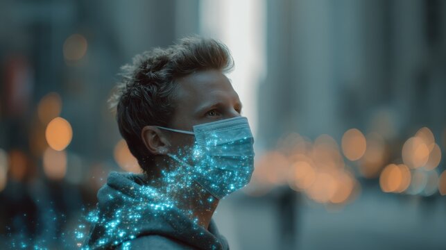 A young man wearing a face mask stands in an urban setting with digital particles surrounding him, symbolizing health and technology in a modern world.