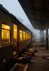 Fototapeta premium Train at platform in foggy, dim light.
