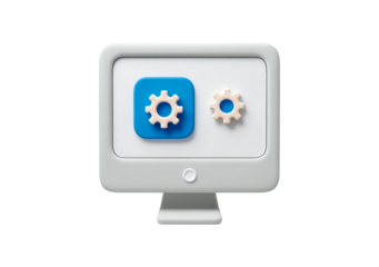 3d computer monitor with blue and white gear symbols on screen on transparent background, PNG