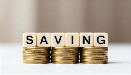 SAVING shown on matte plastic blocks placed neatly on stacks of coins