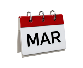 March desk calendar with red top and binder rings on transparent background, PNG