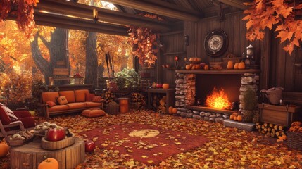 Cozy Autumn Cabin Retreat: Fireplace, Fall Leaves, and Warmth