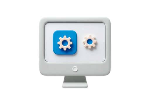 3d computer monitor with blue and white gear symbols on screen on transparent background, PNG