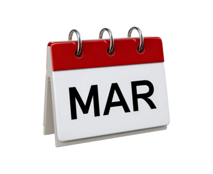 March desk calendar with red top and binder rings on transparent background, PNG