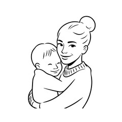 Black and White Vector Illustration of a Beautiful Mother Caring for Child in Minimalist Line Art Style