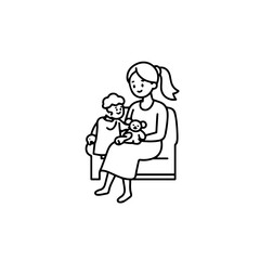 Black and White Vector Illustration of a Beautiful Mother Caring for Child in Minimalist Line Art Style