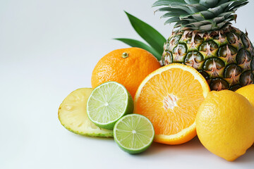 Assortment of fresh citrus fruits and pineapple isolated on white background
