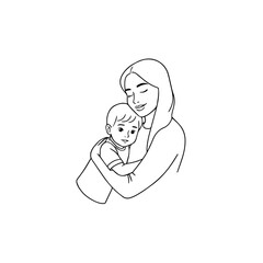 Black and White Vector Illustration of a Beautiful Mother Caring for Child in Minimalist Line Art Style