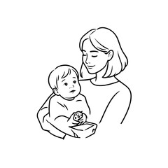 Black and White Vector Illustration of a Beautiful Mother Caring for Child in Minimalist Line Art Style