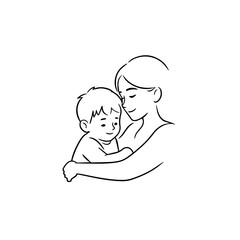 Black and White Vector Illustration of a Beautiful Mother Caring for Child in Minimalist Line Art Style