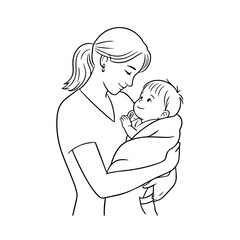Black and White Vector Illustration of a Beautiful Mother Caring for Child in Minimalist Line Art Style