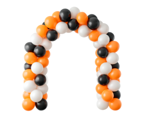 Arch of black, orange, and white balloons for festive celebrations on transparent background, PNG