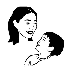 Black and White Vector Illustration of a Beautiful Mother Caring for Child in Minimalist Line Art Style