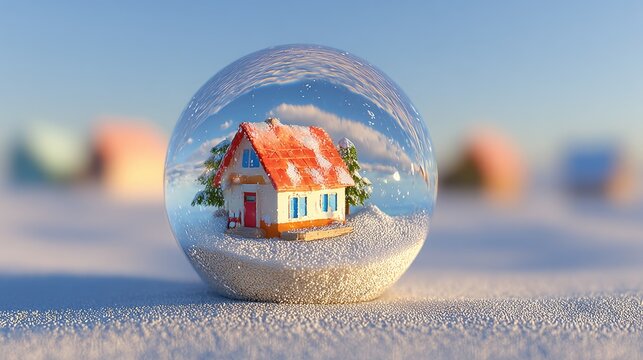 Miniature house in snow globe, winter scene