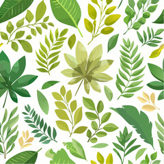 Naklejka premium A lush seamless pattern of various green leaves and exotic foliage. Botanical vector illustration with a fresh, natural feel, isolated on a white background