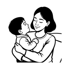 Black and White Vector Illustration of a Beautiful Mother Caring for Child in Minimalist Line Art Style