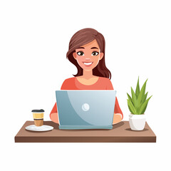 Smiling woman working on laptop, enjoying coffee and a plant, representing remote work and productivity