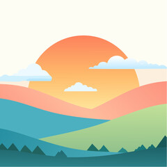 Abstract sunrise over rolling hills with fluffy clouds and evergreen trees in a vibrant, stylized landscape illustration