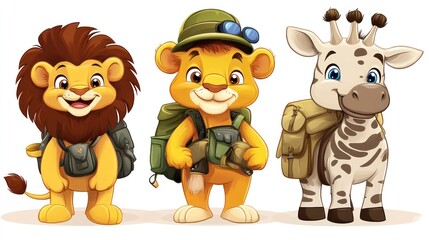 Three adorable safari animals?lion, cub, giraffe?ready for adventure, carrying backpacks