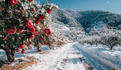 Snowy apple orchard path