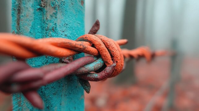 Rusty barbed wire, painted orange and teal, knotted around a metal post in a misty forest