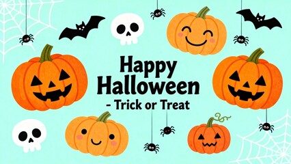Colorful Cartoon Halloween Artwork With Skulls, Bats, and Pumpkins