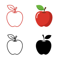Apple Icons Set in Red and Black Outline and Solid Design Isolated on White