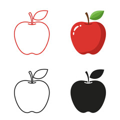 Apple Icons Set in Red and Black Outline and Solid Design Isolated on White