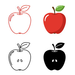 Apple Icons Set in Red and Black Outline and Solid Design Isolated on White