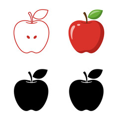Apple Icons Set in Red and Black Outline and Solid Design Isolated on White