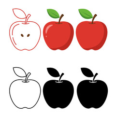 Apple Icons Set in Red and Black Outline and Solid Design Isolated on White