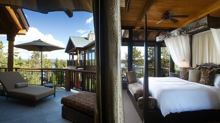 Fototapeta premium Luxury Lake View Suite: Relaxing Balcony & Opulent Bedroom