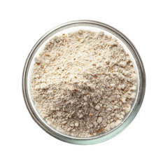 Light beige flour in clear glass bowl