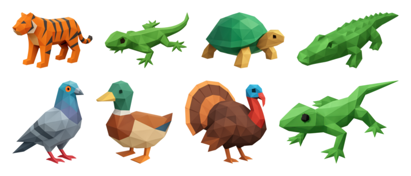 PNG Colorful low-poly animal models, element set on transparent background - Powered by Adobe