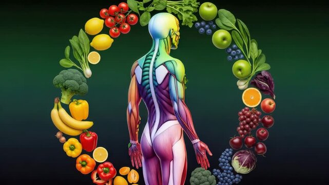 A vibrant and colorful illustration of a human body surrounded by a wreath of fresh fruits and vegetables, symbolizing the importance of healthy eating and nutrition ai generated vedio