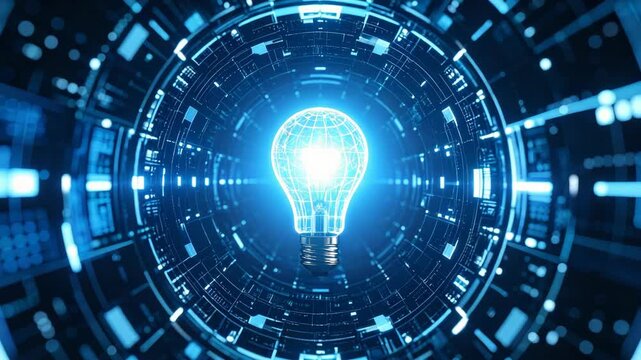 Glowing light bulb with intricate wireframe design inside a futuristic blue tech tunnel rotating and pulsing with energy, abstract innovation concept