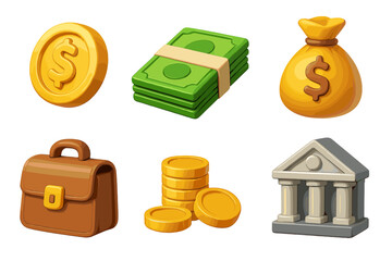 3D finance icon collection for banking and business. Cartoon money set with coin, cash, bank, and briefcase. Vector illustration for investment, savings, and economy.