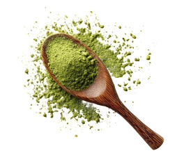 Green powder in wooden spoon, scattered (3)