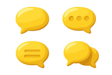 3D Yellow Chat Bubble Icons Set, Conversation Comment Speech Bubbles, Messaging Symbol Vector Illustration, Communication Emoticon Collection, Transparent Background
