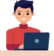 Smiling young man working on laptop computer with focused expression and casual red sweater indoors at desk