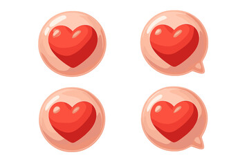 3D social media love heart bubble icons, red heart emoji in transparent chat bubbles, vector cartoon illustration set, digital communication symbols, romantic emoticons