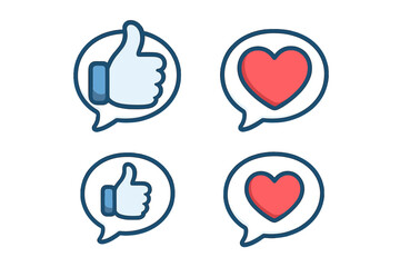 Animated cartoon like and love reaction icons in speech bubbles, social media engagement symbols, vector illustration set with transparent background, ordered design elements