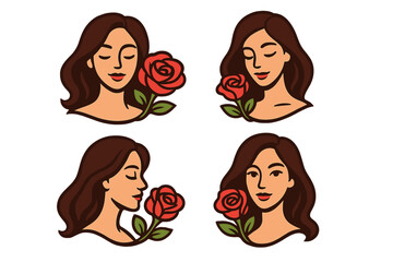 Elegant brunette woman with flowing hair holding a vibrant red rose, set of four calm female portraits showcasing beauty, nature, and floral connection, vector illustration